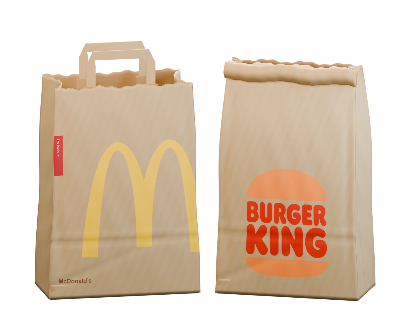 Three-dimensional McDonald’s and Burger King kraft paper takeaway bags with printed branding and folded paper details.
